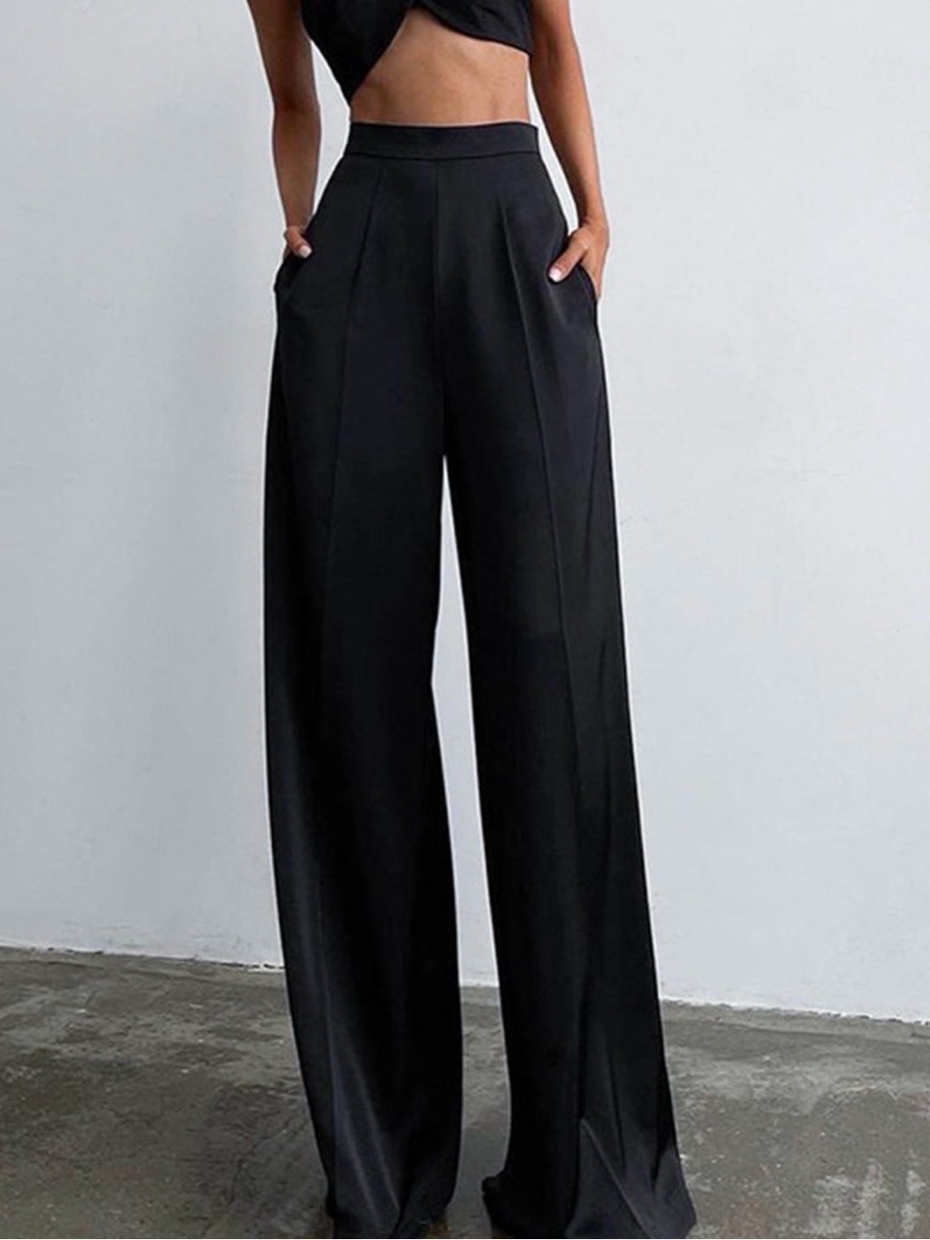 Commense Black Satin High-Waist Wide Leg Dress Pants